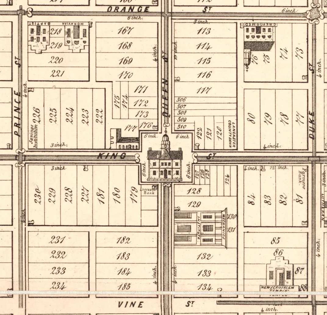 A close-up view of an early map showing Lancaster's Center Square (now Penn Square) and the old courthouse