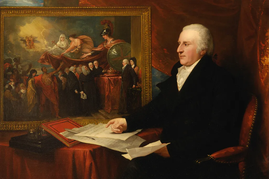 A replica of Benjamin West's Reception of the American Loyalists by Great Britain in the Year 1783 appears in the background of this 1812 portrait of English judge John Eardley Wilmot.
