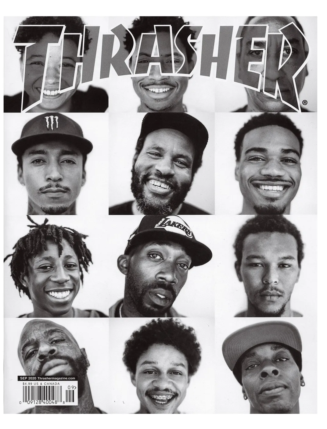 A black and white September 2020 cover of Thrasher Magazine featuring Black skateboarders.