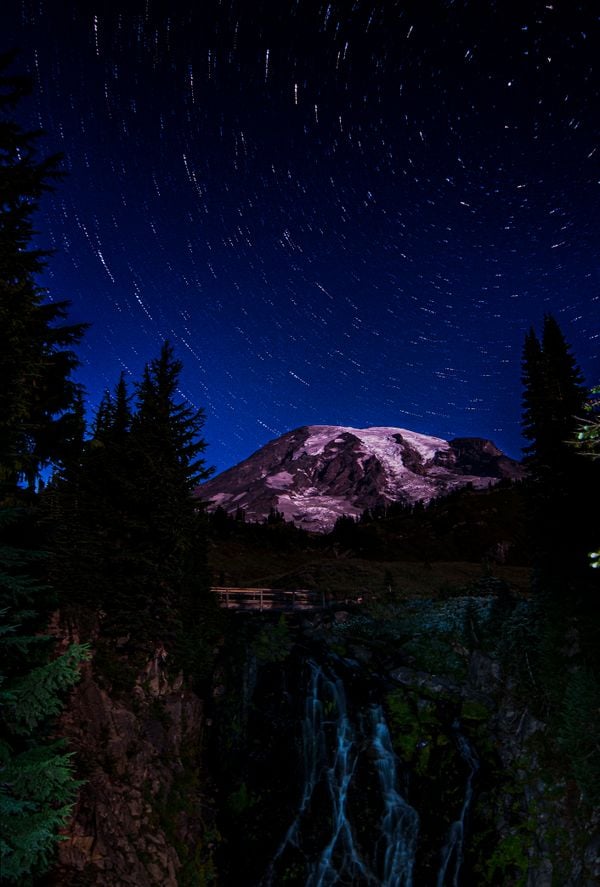 Stars over Mount Rainier and Myrtle Falls thumbnail