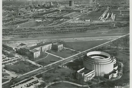 An aerial view of the Ford Motor Company's River Rouge plant, circa 1945