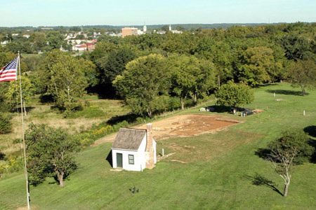 Aerial view of the Washington dig site with Fredericksburg visible on the horizon
