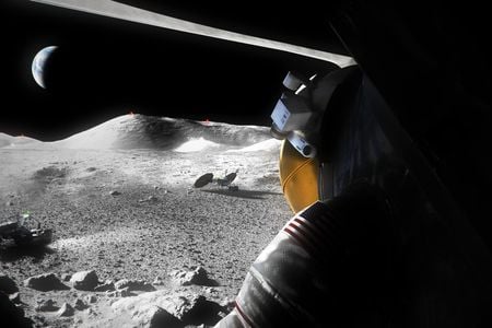 An illustration of a suited astronaut looking out of a Moon lander hatch across the lunar surface.