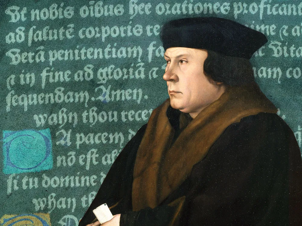 Illustration of Thomas Cromwell in front of a page from his Book of Hours