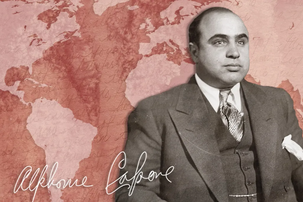 Illustration of Al Capone in front of map