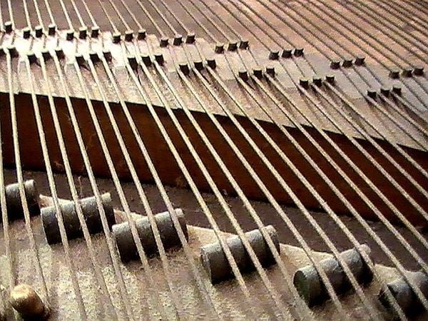 The strings in a baby grand piano thumbnail