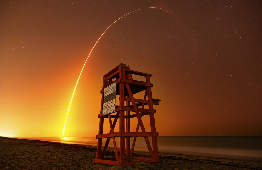 NASA Crew-4 Launch Mission. SpaceX Crew Dragon with a Falcon9 booster at 3:52am, capturing a full 5:00 minute exposure time at Indialantic Beach, FL.