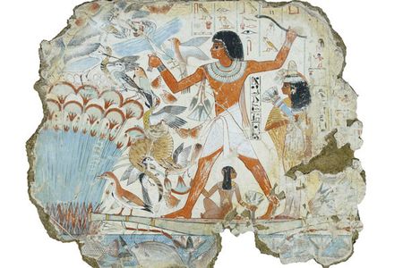 Egyptian blue on a fragment from Thebes, Egypt from around 1350 B.C. showing Nebamun hunting in the marshes