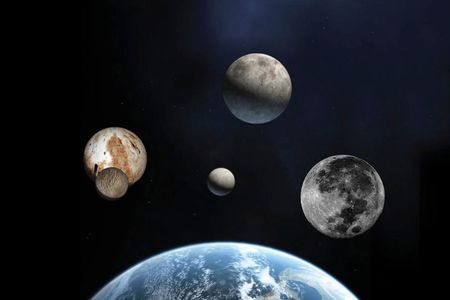Artist’s conception of several solar system bodies shown to scale: Earth, Pluto and its moon Charon (far left), Eris (top), Eris, and Earth’s moon. Which one doesn’t fit in?