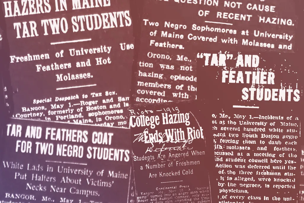 Illustration of newspaper headlines detailing the tarring and feathering attack