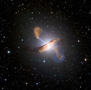 A black hole at the center of the Centaurus A galaxy spews jets of gas outward.