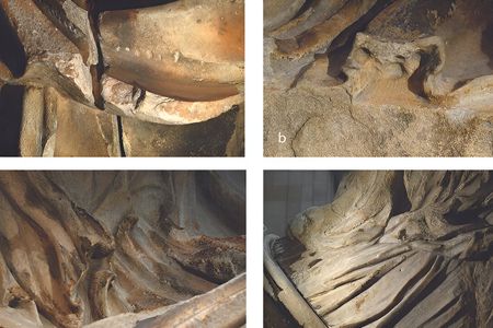 Close examination of drill marks on the sculpture shows how carvers created surfaces to evoke the textures of the represented elements, such as skin, wool or linen.