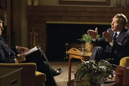 David Frost (Michael Sheen) interviews Richard Nixon (Frank Langella) in "Frost/Nixon."