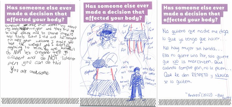 Three cards where visitors shared messages and drawings encouraging others, with messages like "boys they should keep their mean opinions to themselves . . . because honestly girls could care less about boys opinion. Always be yourself. "