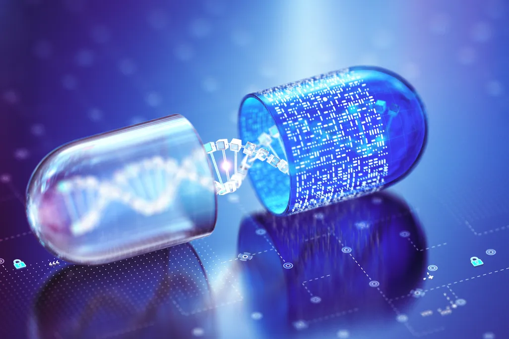 3D rendering of an open pill capsule with a strand of DNA inside
