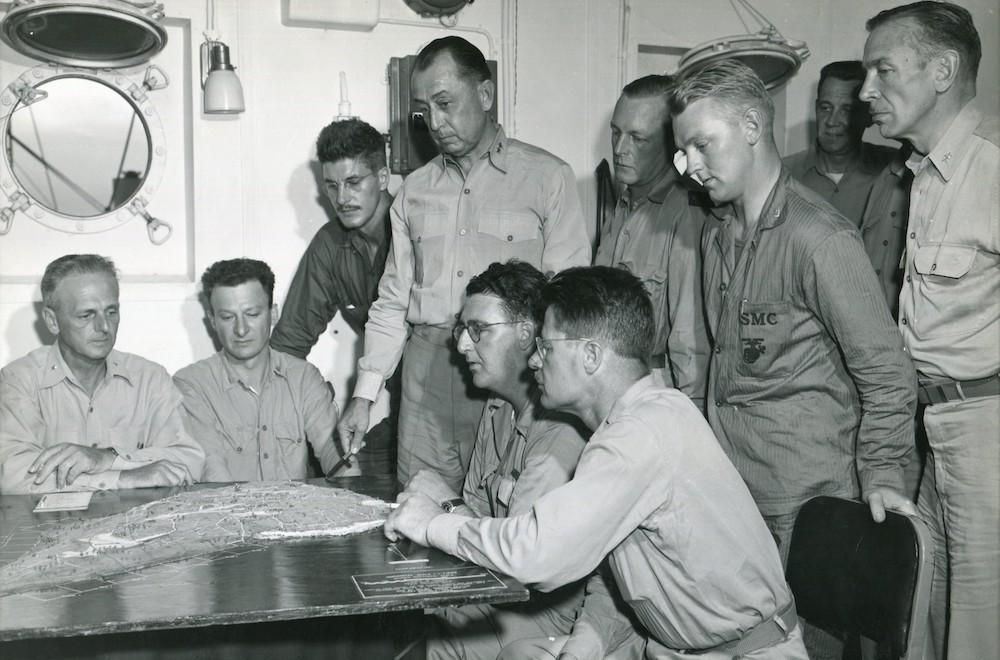 Major General Cates with War Correspondents Aboard Ship, Febraury 1945. Robert Sherrod is second from left.