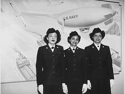 Hospital Apprentices second class Ruth C. Isaacs, Katherine Horton and Inez Patterson (left to right) were the first black WAVES to enter the Hospital Corps School at National Naval Medical Center, Bethesda, MD. Photographed March 2, 1945.