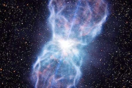 An artist’s rendering of the matter ejected from the quasar SDSS J1106+1939 surrounding a black hole.