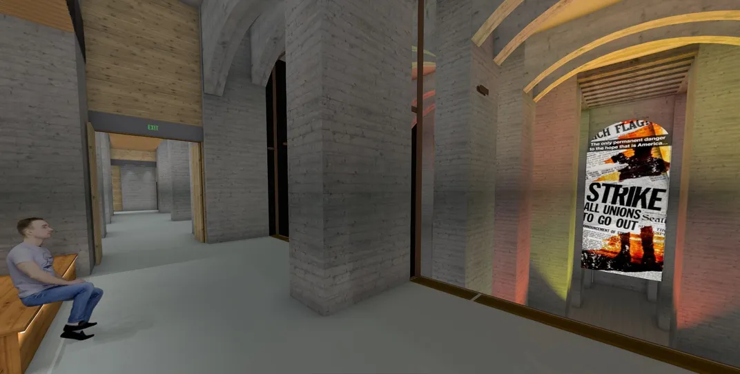 Rendering of floor of the immersive theater in the Lincoln Memorial undercroft with images of the memorial and its history projected onto the undercroft foundations