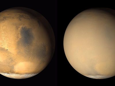 Two 2001 images from the Mars Orbiter Camera on NASA's Mars Global Surveyor orbiter show a dramatic change in the planet's appearance when haze raised by dust-storm activity in the south became globally distributed. The images were taken about a month apart.
