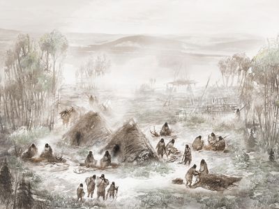 A scientific illustration of the Upward Sun River camp in what is now Interior Alaska.