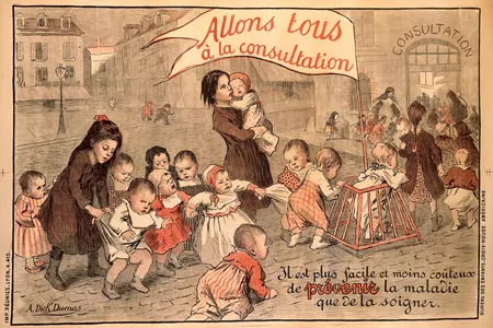 A lithograph by Alice Dick Dumas depicts children going to a clinic for a health check to prevent the advance of disease.