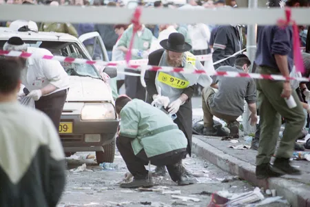 The aftermath of a bomb blast in Tel Aviv, 1996. 