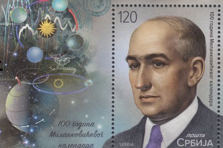 A 2023 commemorative stamp from Serbia&rsquo;s postal service showing Milutin Milanković&nbsp;alongside illustrations of some of his scientific work.