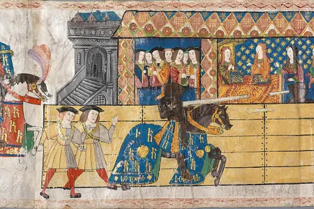 Detail of medieval roll showing England's Henry VIII tilting at a joust in front of his first wife, Katherine of Aragon. In the West, chariot racing died out rather quickly, but beginning in the second half of the 11th century, knightly tournaments were the spectacle of medieval Europe.