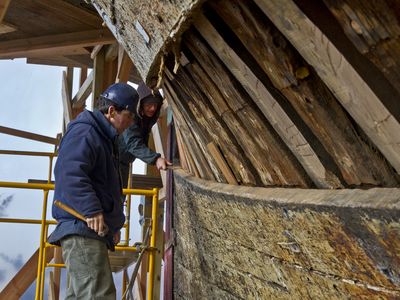 In March 2012, shipwrights at the Mystic Seaport Museum replace planks in the hull of the Charles W. Morgan. The restoration of the ship required more than 50,000 board feet of live oak and other woods for framing, planking and other structural elements.