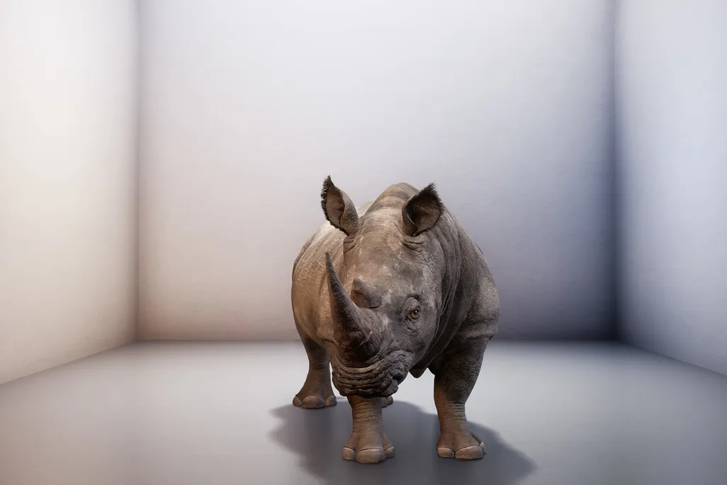 digitally rendered northern white rhino in white box