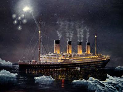 Painting of Titanic sinking.