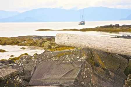 The rocky beach in Wrangell, Alaska, is decorated with more than 40 petroglyphs.