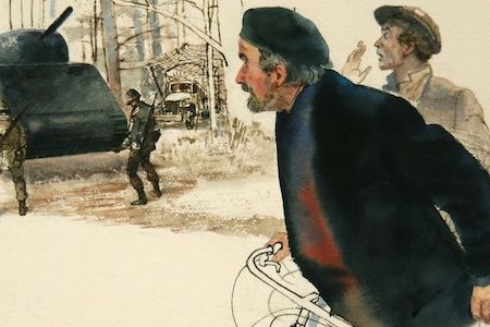 This painting depicts two Frenchmen looking shocked upon seeing four American soldiers lift a 40-ton tank.
