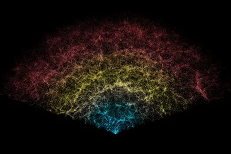 A slice of the largest 3D map of the universe ever made, depicting 600,000 galaxies across the cosmos&mdash;less than 0.1 percent of the map&#39;s total. Earth is at the tip in the lower center, and the most distant galaxies represented are 11 billion light-years away.
