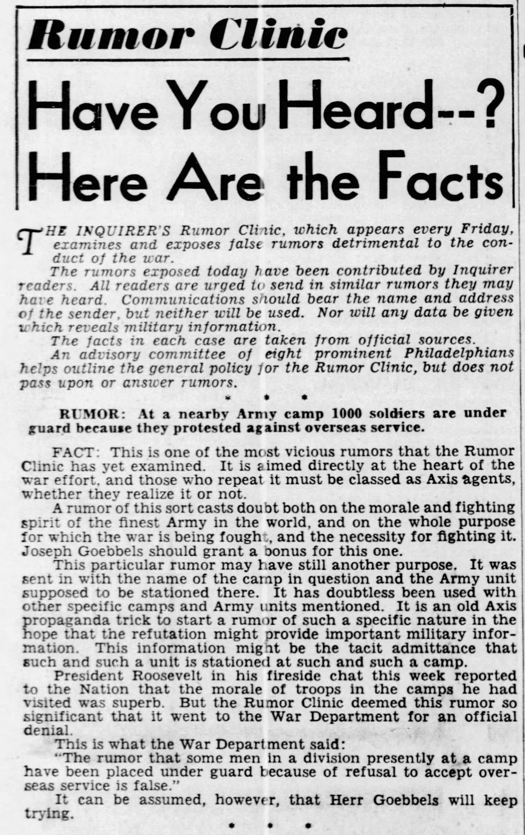 An October 1942 edition of the <em>Philadelphia Inquirer</em>'s Rumor Clinic column