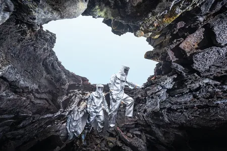 Speleologists in metallurgical &ldquo;cooling suits&rdquo; emerge from the extreme heat of a lava tube formed by the eruption in 2021 of Mount Fagradalsfjall.