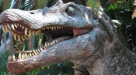 A statue of Spinosaurus outside Jurassic Park: The Ride at Universal Studios Hollywood. Spinosaurus got a major media boost after appearing in Jurassic Park III.

