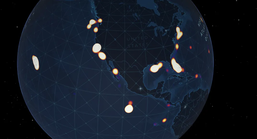 A heatmap showing the concentration of known deep-sea dives with visual observations in U.S. exclusive economic zones.