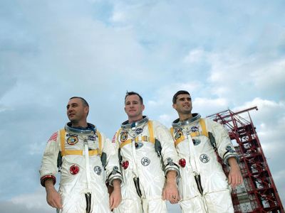 The Apollo 1 astronauts—(opposite, from left) Gus Grissom, Ed White, and Roger Chaffee—perished in a fire during a pre-flight test on January 27, 1967.
