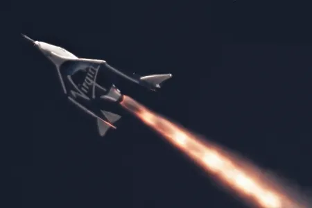 The first powered flight of VSS Unity, April 5, 2018.