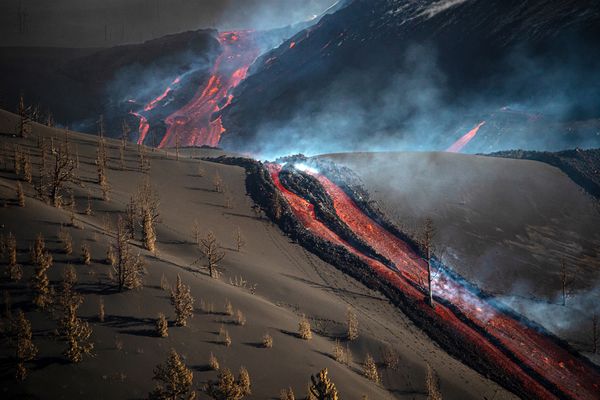 Footage of a ravaged mountainside with a single tree withstanding the lava flow. thumbnail