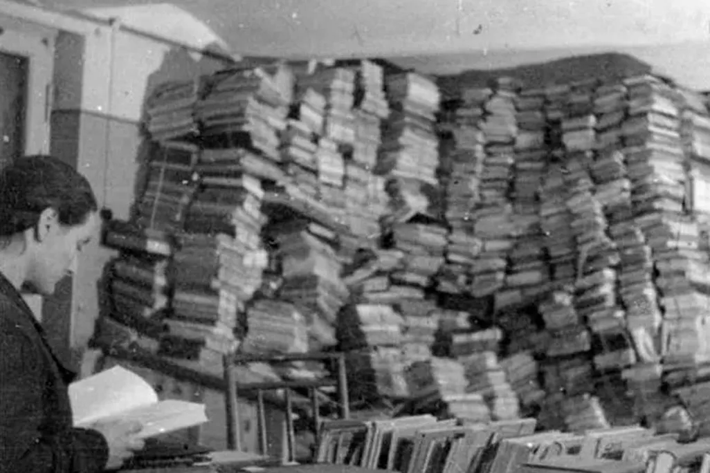 Room filled with looted books in Riga, Latvia