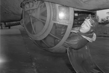 The ball turret, like this one on a B-17 in England in 1943, was designed small to reduce drag, so its gunner usually was the shortest man in the crew.