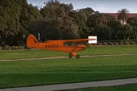 A simulated airplane lands on the real Stanford campus, thanks to a bit of AR magic.