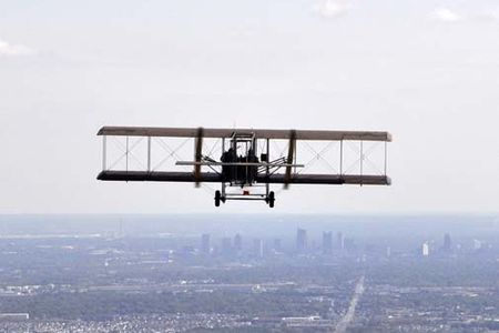 Wright B Flyer approaches columbus re-enacting first cargo flight