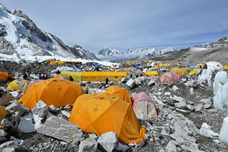 Expedition tents at Everest Base Camp in the Mount Everest region of Solukhumbu District