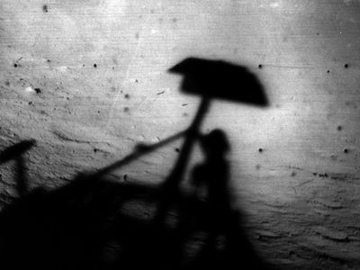 Surveyor 1 casts its shadow on the moon, June 2, 1966