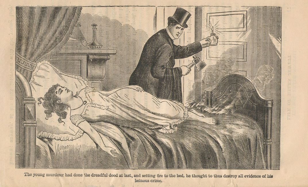 A depiction of the death of Helen Jewett, a sex worker who was murdered by one of her clients in New York City in 1836
