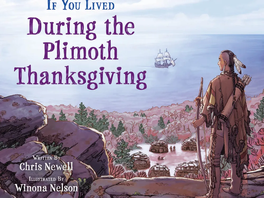 cover of If You Lived During the Plimoth Thanksgiving, showing a Native American man watching a ship in the bay